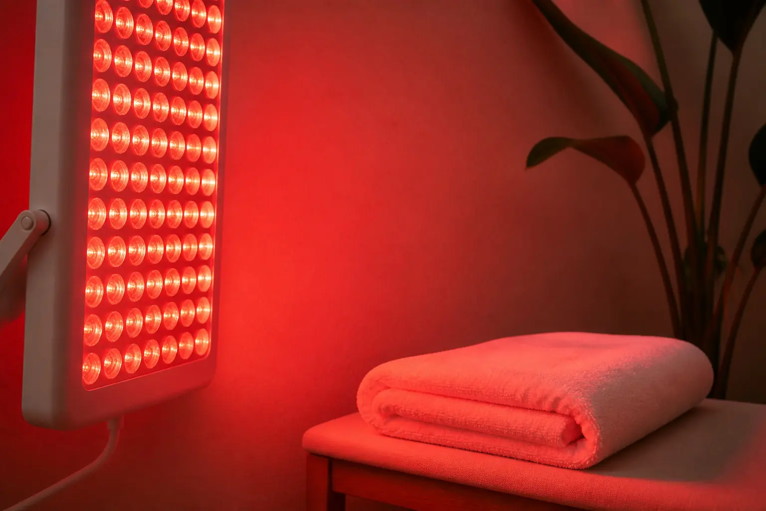 The warm glow of a Red Light therapy panel in a calm room