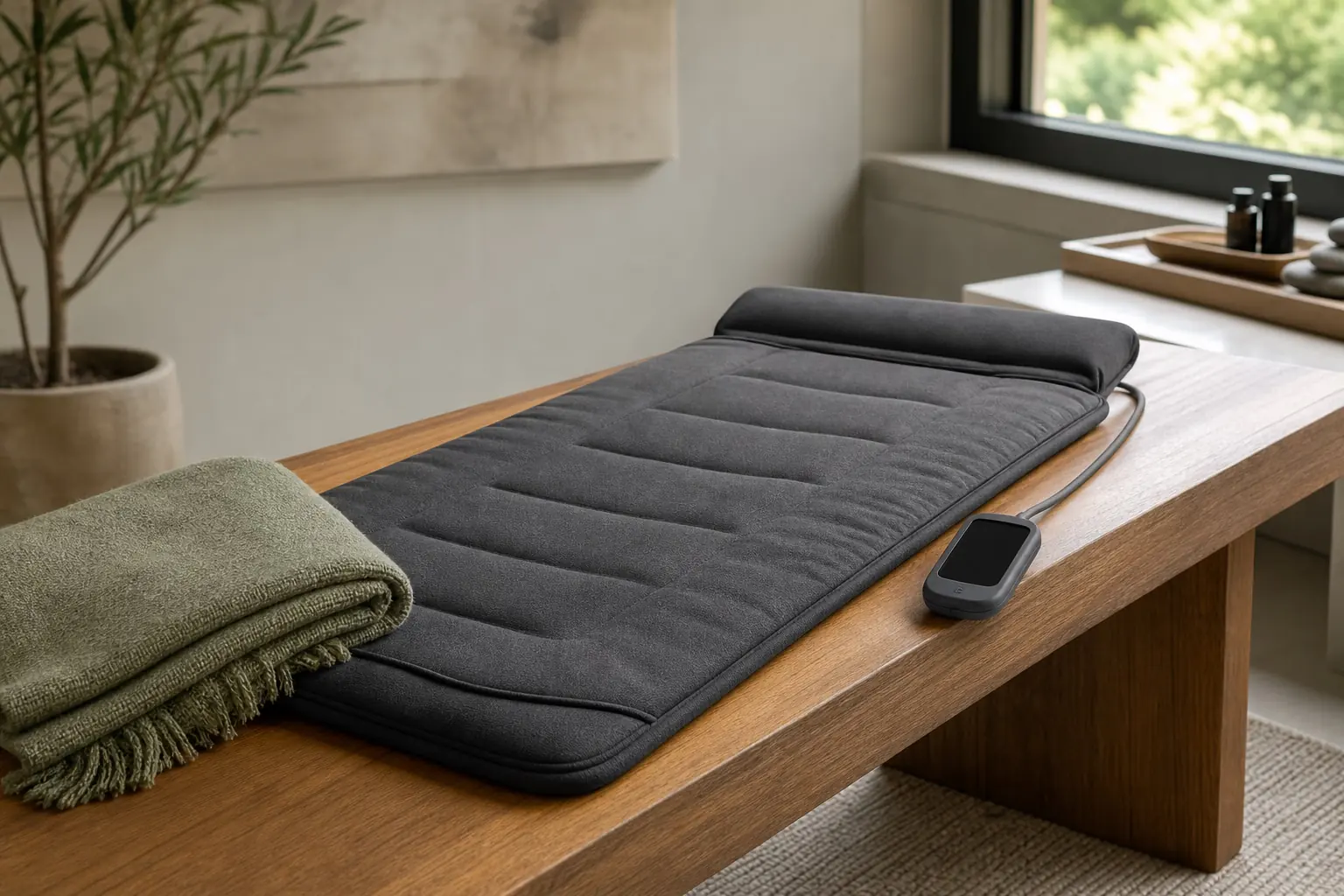A padded PEMF therapy mat with its controller on a wooden bench