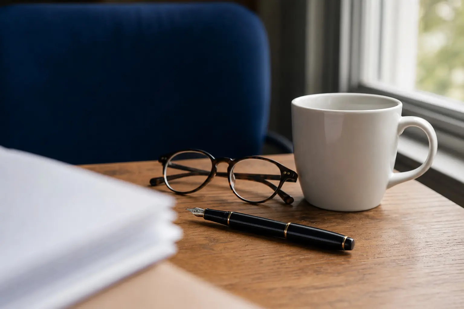 A desk with lab paperwork, a pen, and reading glasses in window light