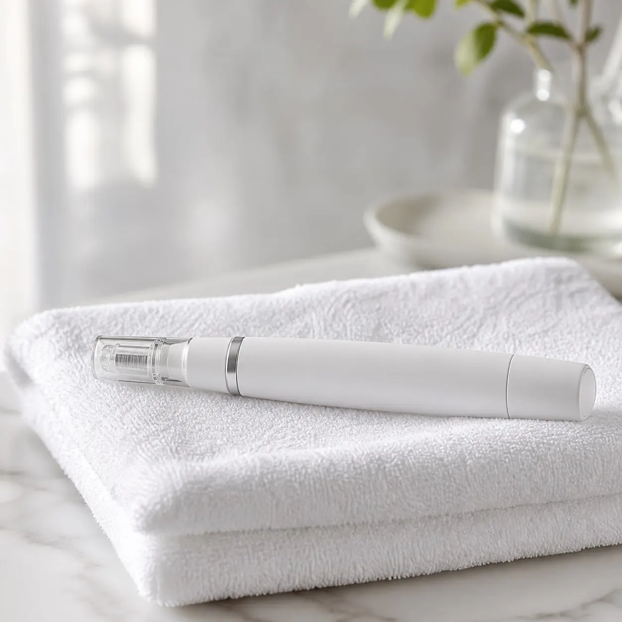 A microneedling pen resting on a folded white towel