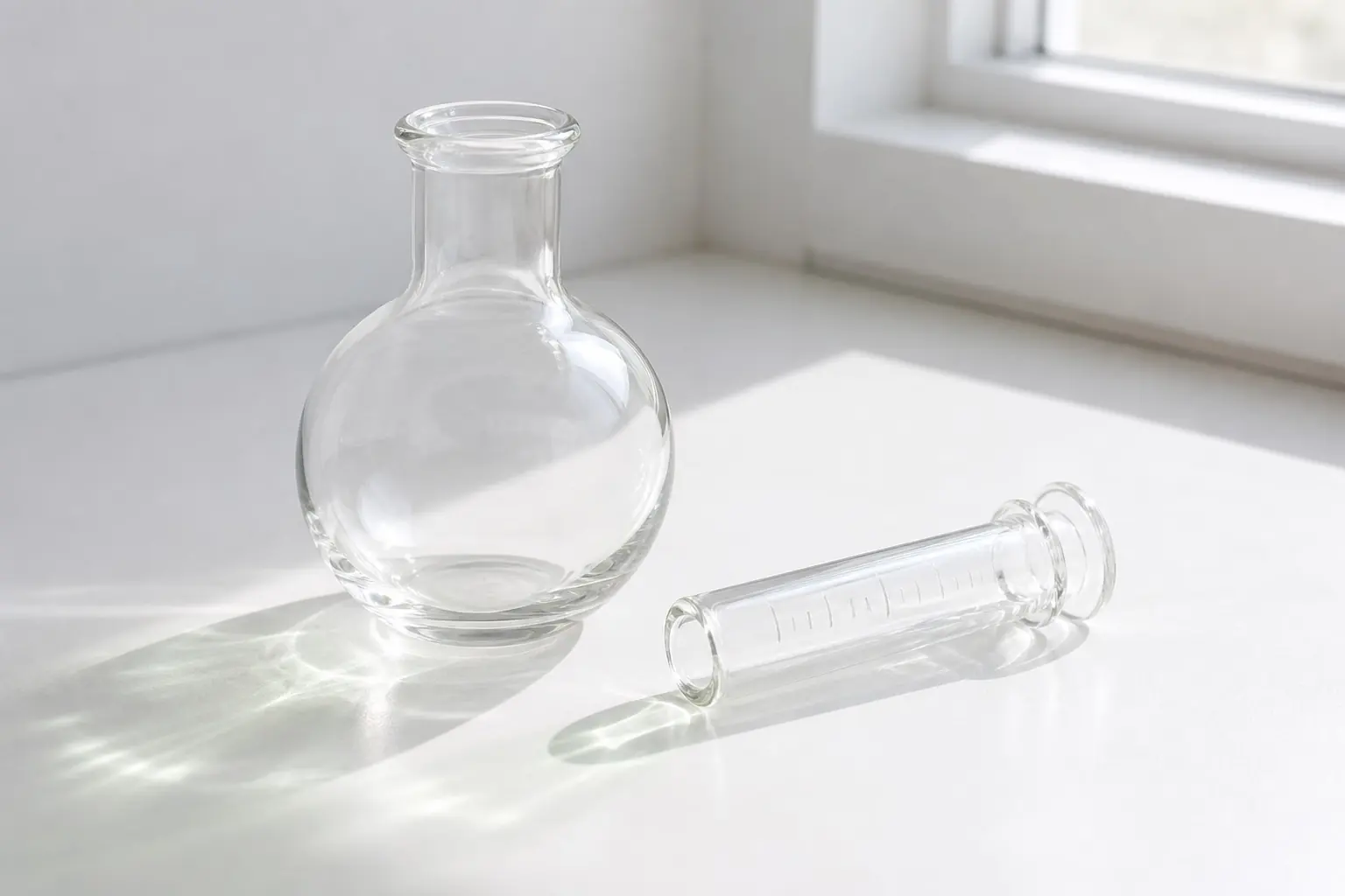 Clean laboratory glassware catching daylight