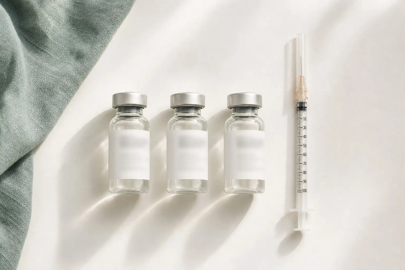 Capped medical vials and a syringe on a clean surface