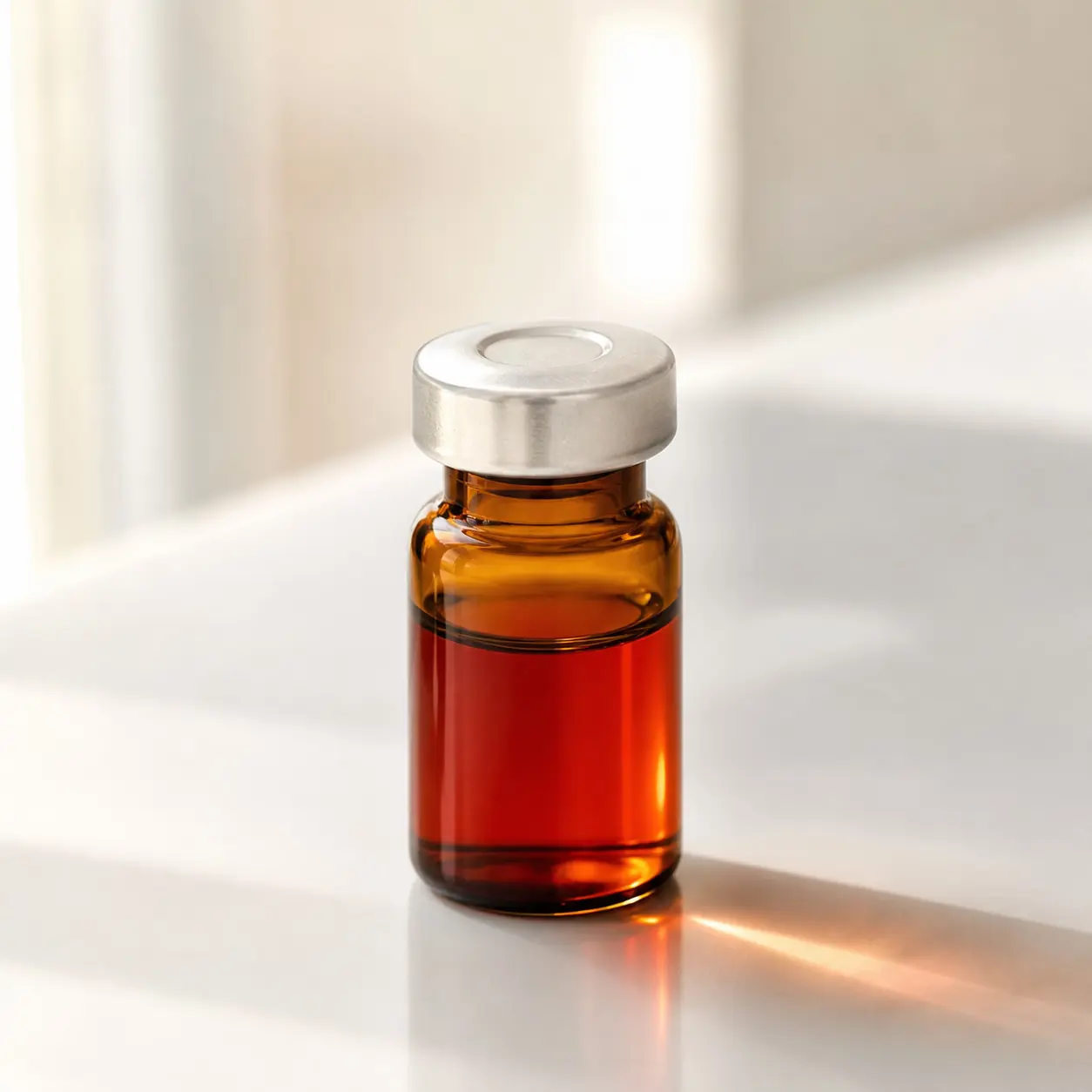 A small amber B12 vial glowing in warm window light