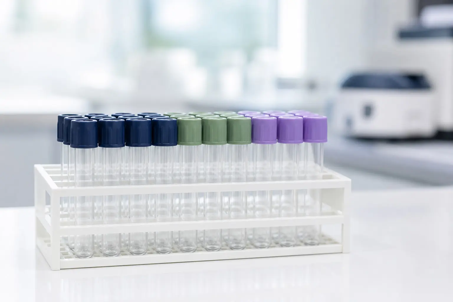 A rack of capped blood-collection tubes in clinical light