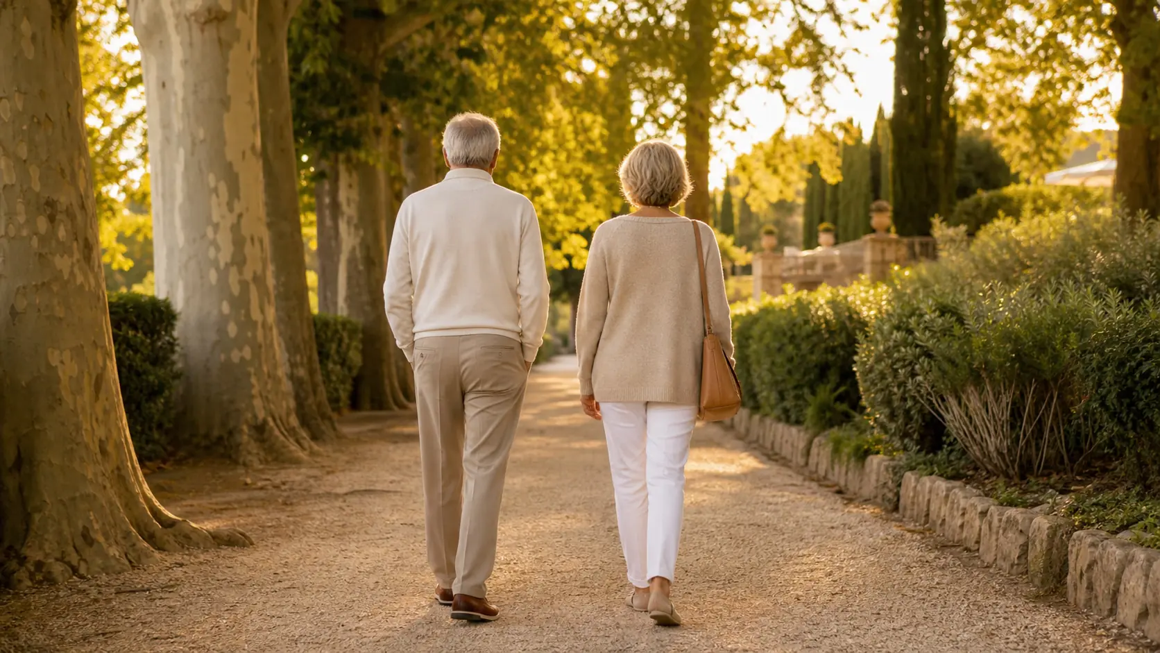 An older couple walking a sunlit tree-lined path, seen from behind