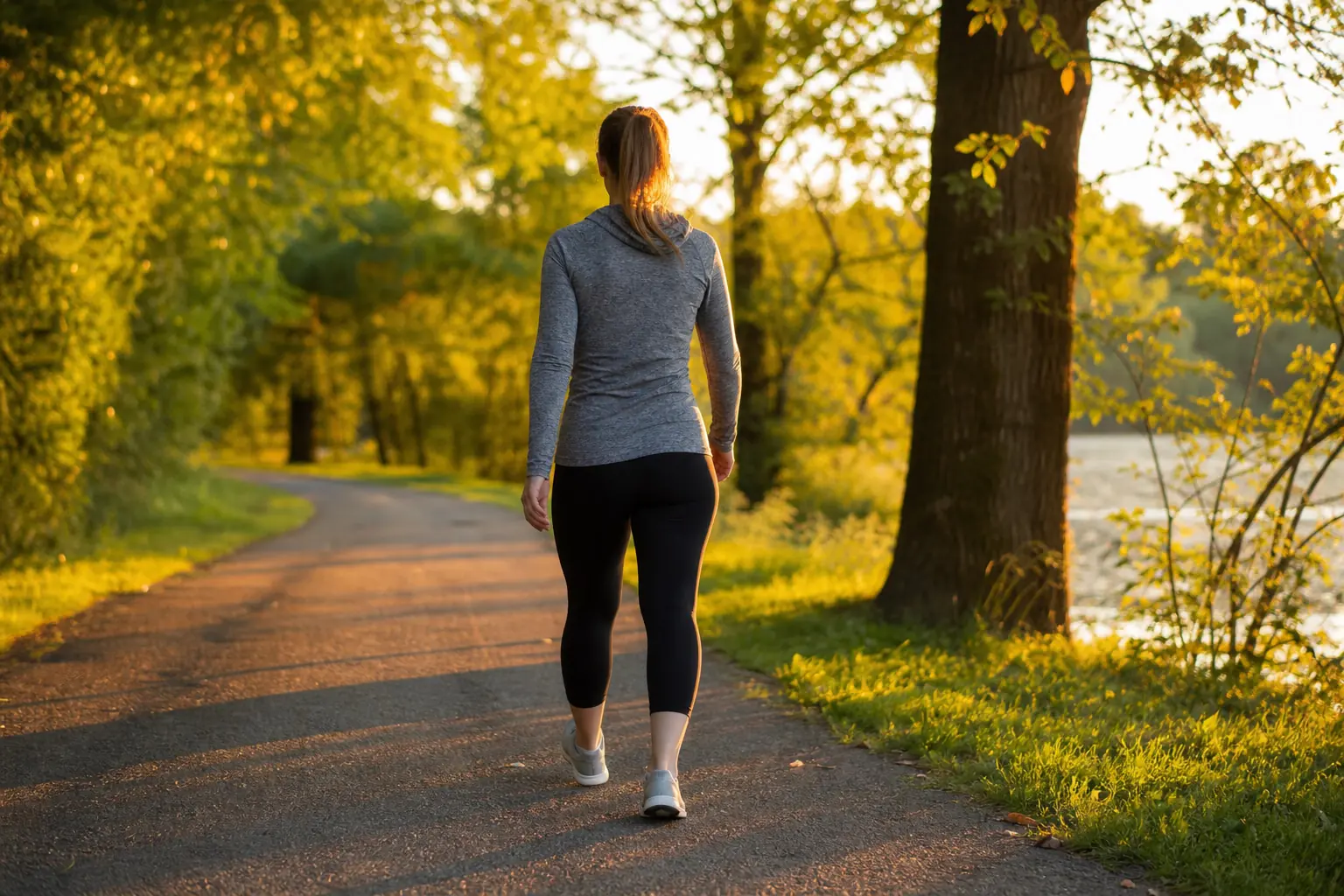 An adult walking briskly on a tree-lined path at golden hour, seen from behind