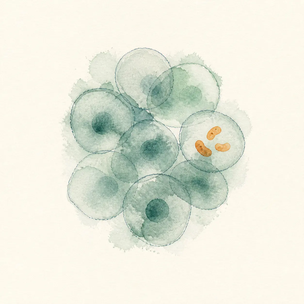 Watercolor illustration of a cluster of cells with mitochondria, representing cellular metabolism