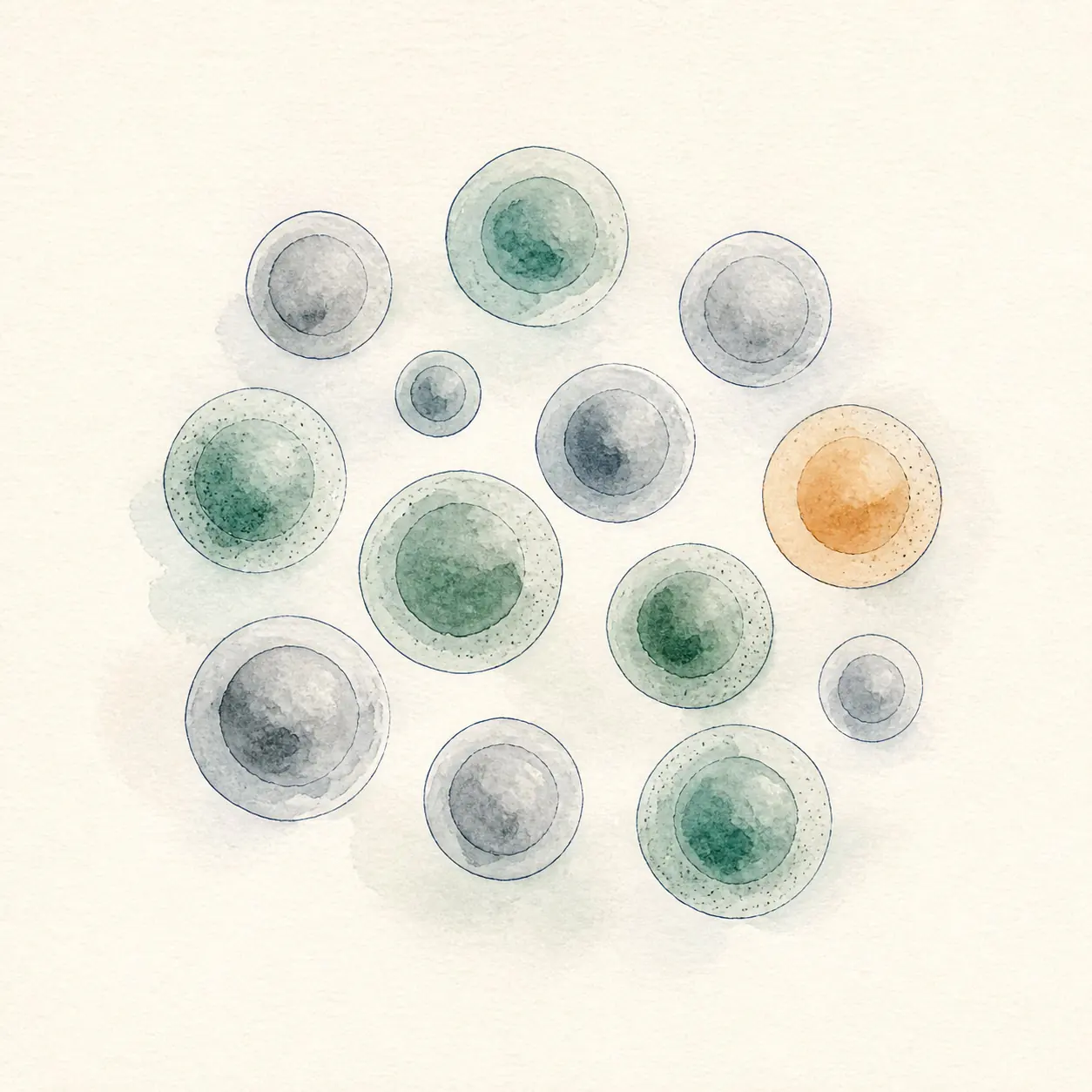 Watercolor illustration of immune cells in calm balance, representing immune health