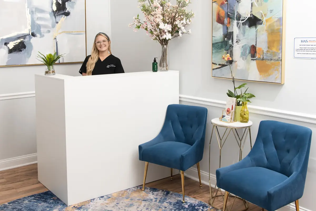 The front desk and waiting area at Healing Advanced Solutions, 11555 Central Parkway, Suite 804