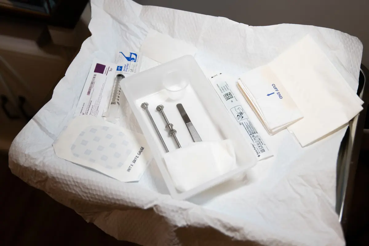 A sterile hormone pellet insertion kit prepared in a treatment room at Healing Advanced Solutions