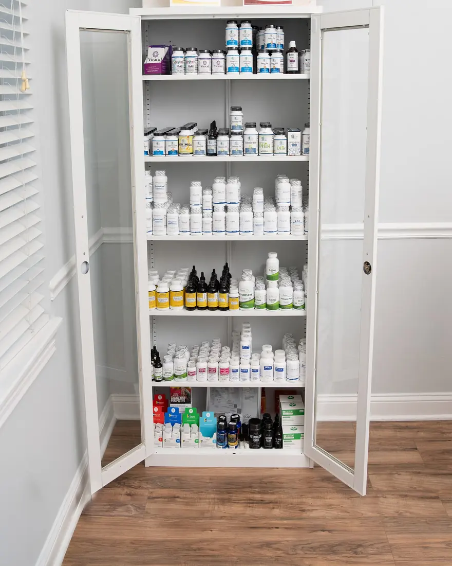 The supplement dispensary at Healing Advanced Solutions, stocked with practitioner-grade lines