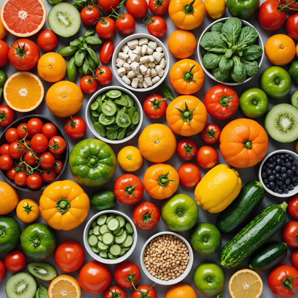 Assortment of fresh fruits, vegetables, and supplements on a white background, illustrating nutrient repletion.