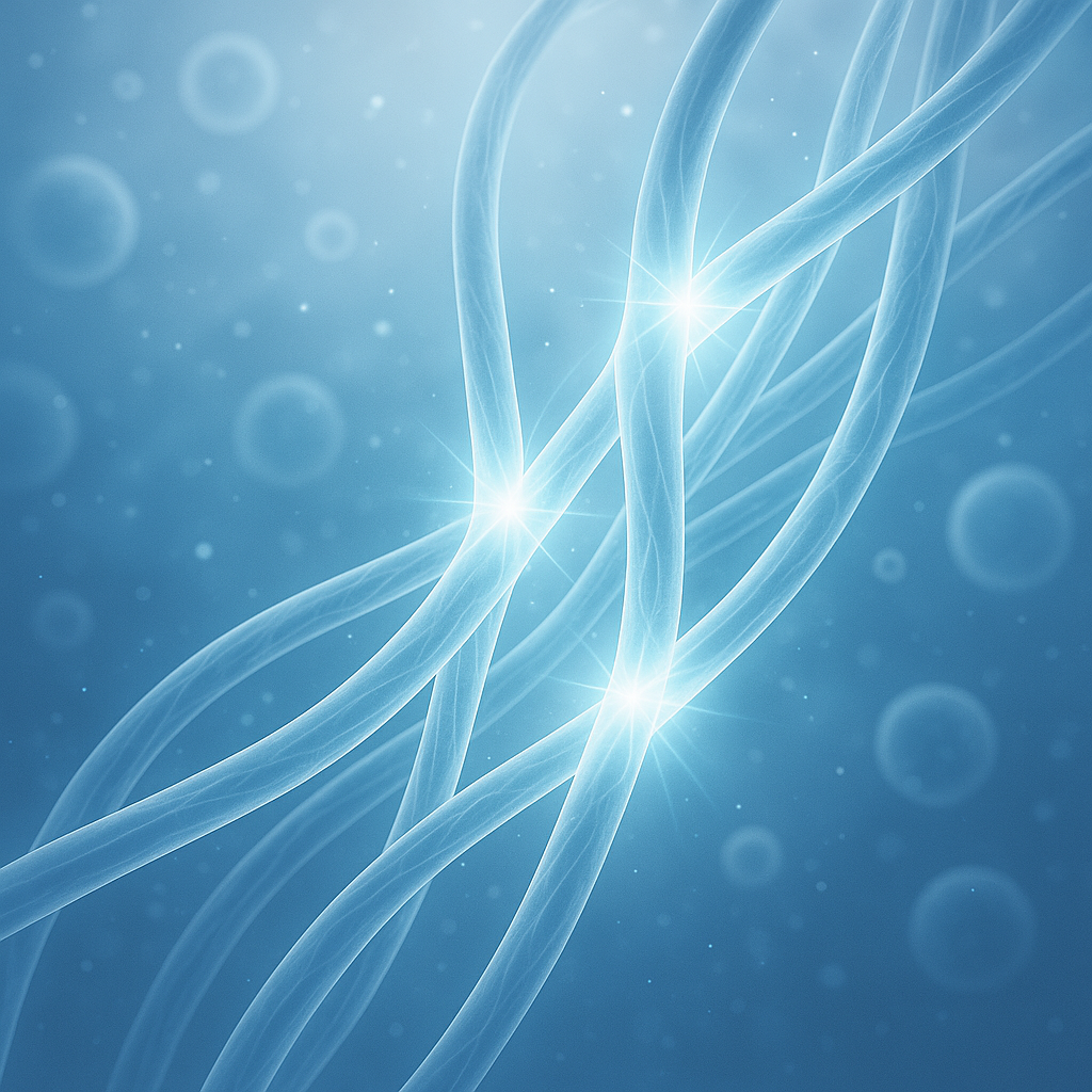 Abstract medical visualization of glowing blue tissue fibers repairing themselves, symbolizing regenerative therapy and cellular healing.