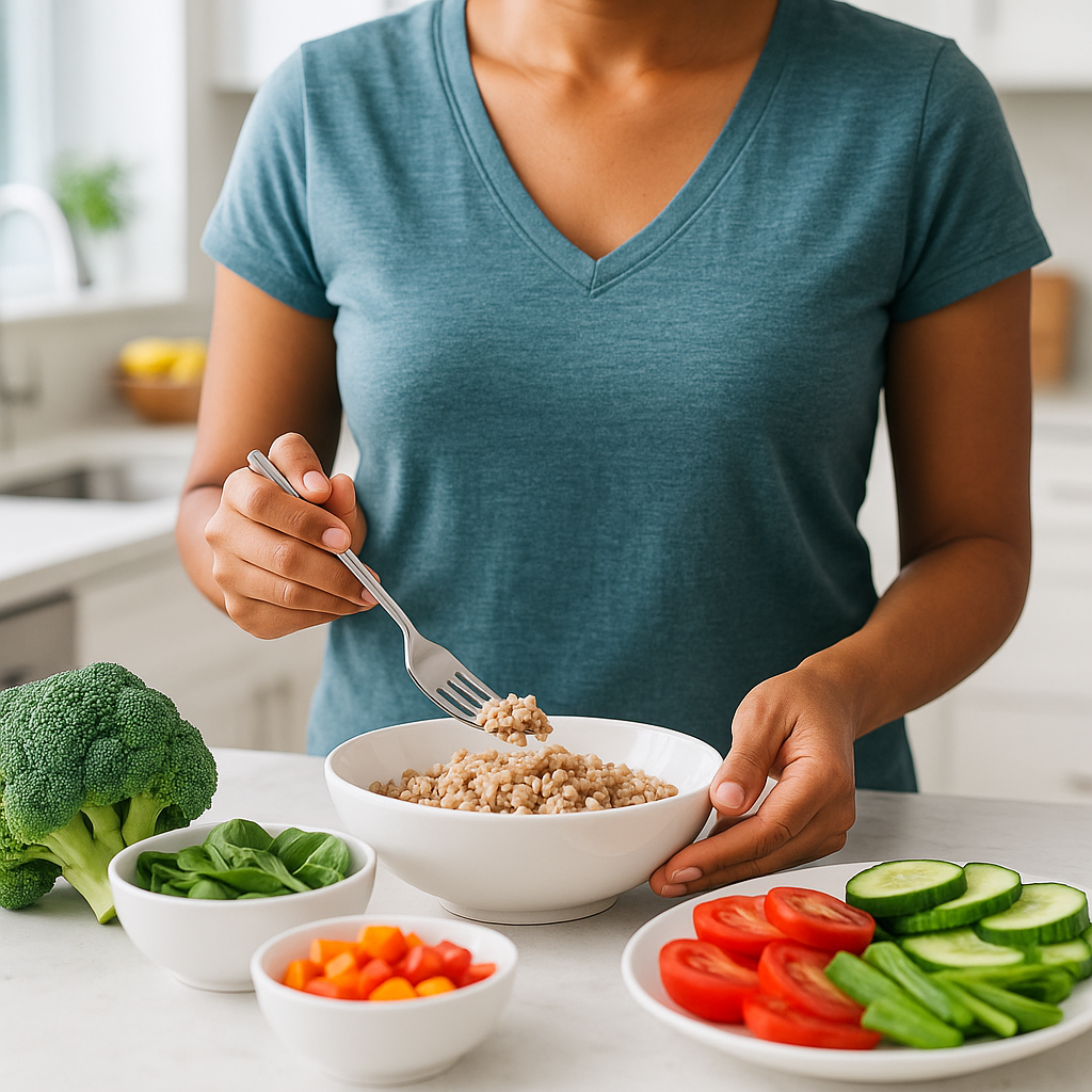 Adult preparing a balanced meal in a bright kitchen, illustrating lifestyle-based diabetes management and blood sugar control.