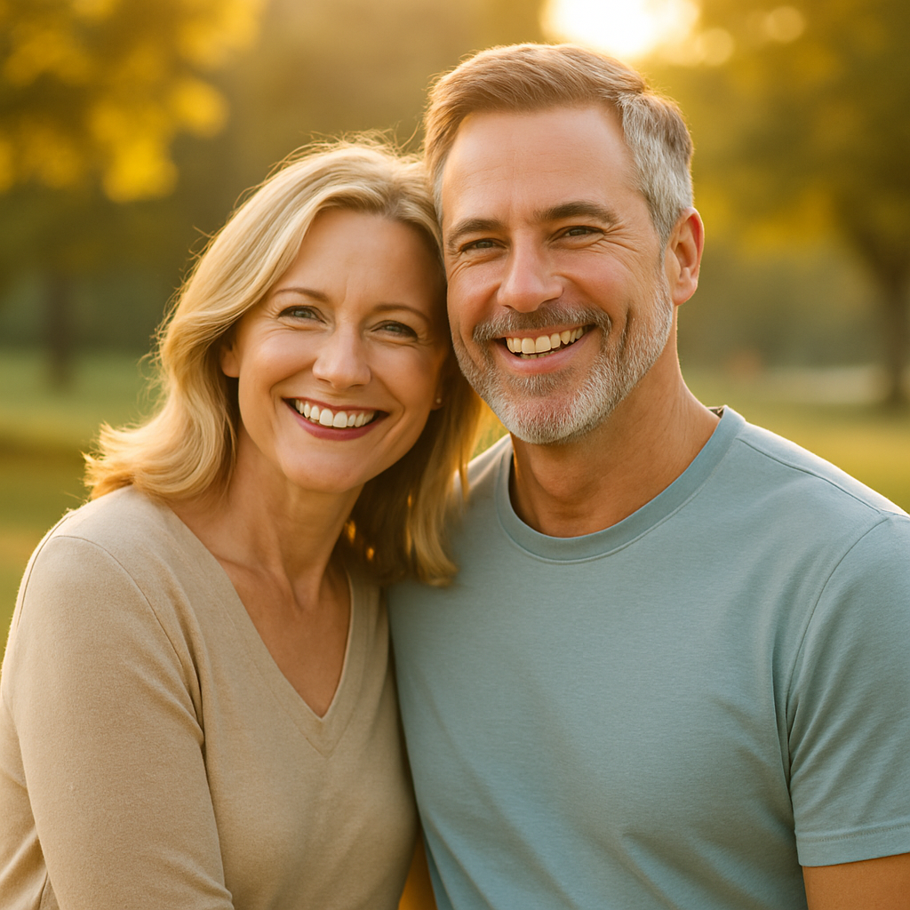 Services, Smiling middle-aged couple outdoors in golden sunlight, symbolizing balanced hormones, vitality, energy, effective hormone replacement therapy and healthy aging.