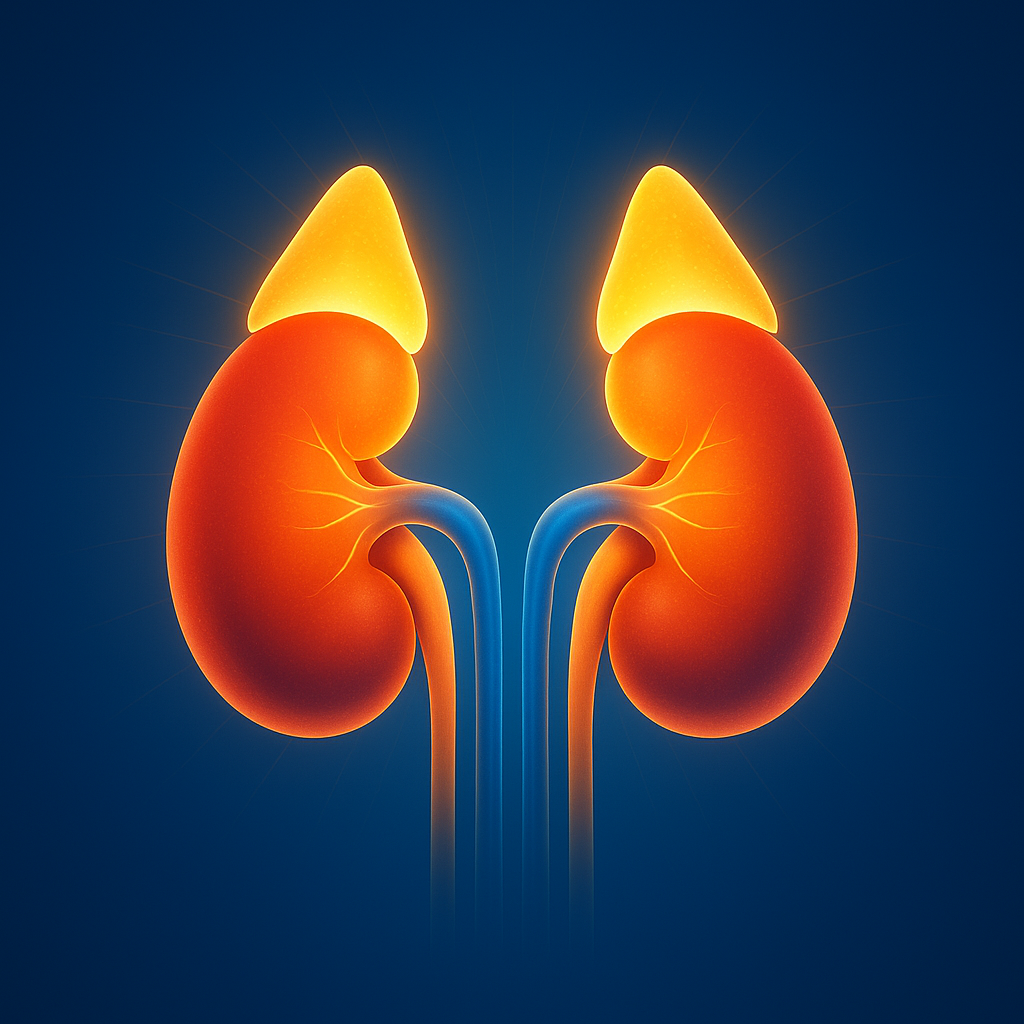 Medical illustration of adrenal glands glowing above the kidneys, representing adrenal stress evaluation and support.