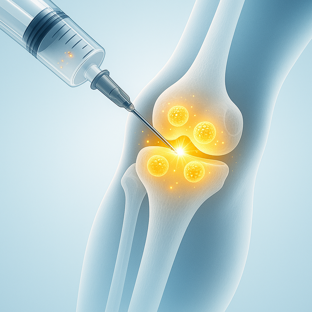 Medical illustration of platelet-rich plasma glowing with golden light being injected into a knee joint, symbolizing pain relief and joint healing with PRP Injections, PRP therapy.
