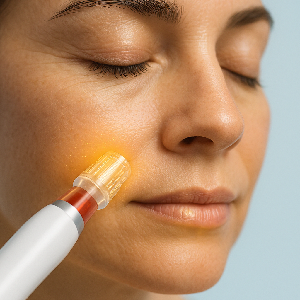 Close-up medical visualization of PRP microneedling on facial skin, highlighting collagen boost, rejuvenation, and youthful glow. PRP Injections PRP Therapy