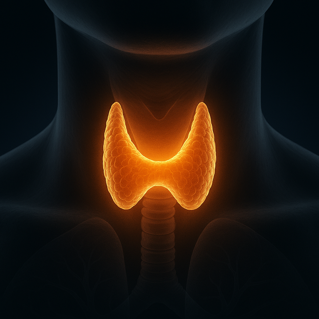 Services Abstract medical illustration of a glowing thyroid gland in the neck, minimalistic clean design with teal accents on a white background, symbolizing thyroid health and energy.