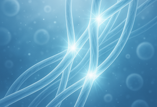 Abstract medical visualization of glowing blue tissue fibers repairing themselves, symbolizing regenerative therapy and cellular healing.