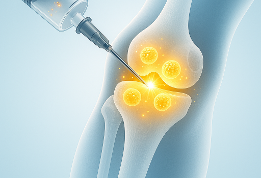 Medical illustration of platelet-rich plasma glowing with golden light being injected into a knee joint, symbolizing pain relief and joint healing with PRP Injections, PRP therapy.