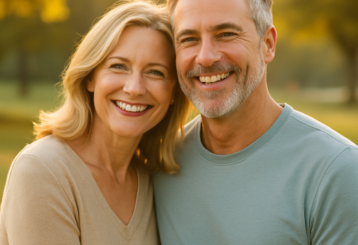 Services, Smiling middle-aged couple outdoors in golden sunlight, symbolizing balanced hormones, vitality, energy, effective hormone replacement therapy and healthy aging.