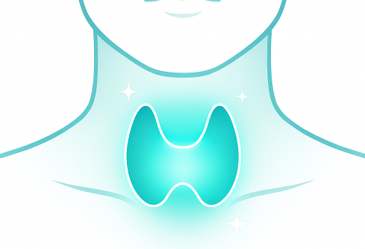 Abstract medical illustration of a glowing thyroid gland in the neck, minimalistic clean design with teal accents on a white background, symbolizing thyroid health and energy.